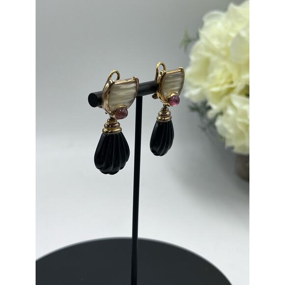 Kylo Vintage Sterling Silver Vermeil Obsidian Garnet Gem Clip On Runway Earrings - Picture 14 of 16